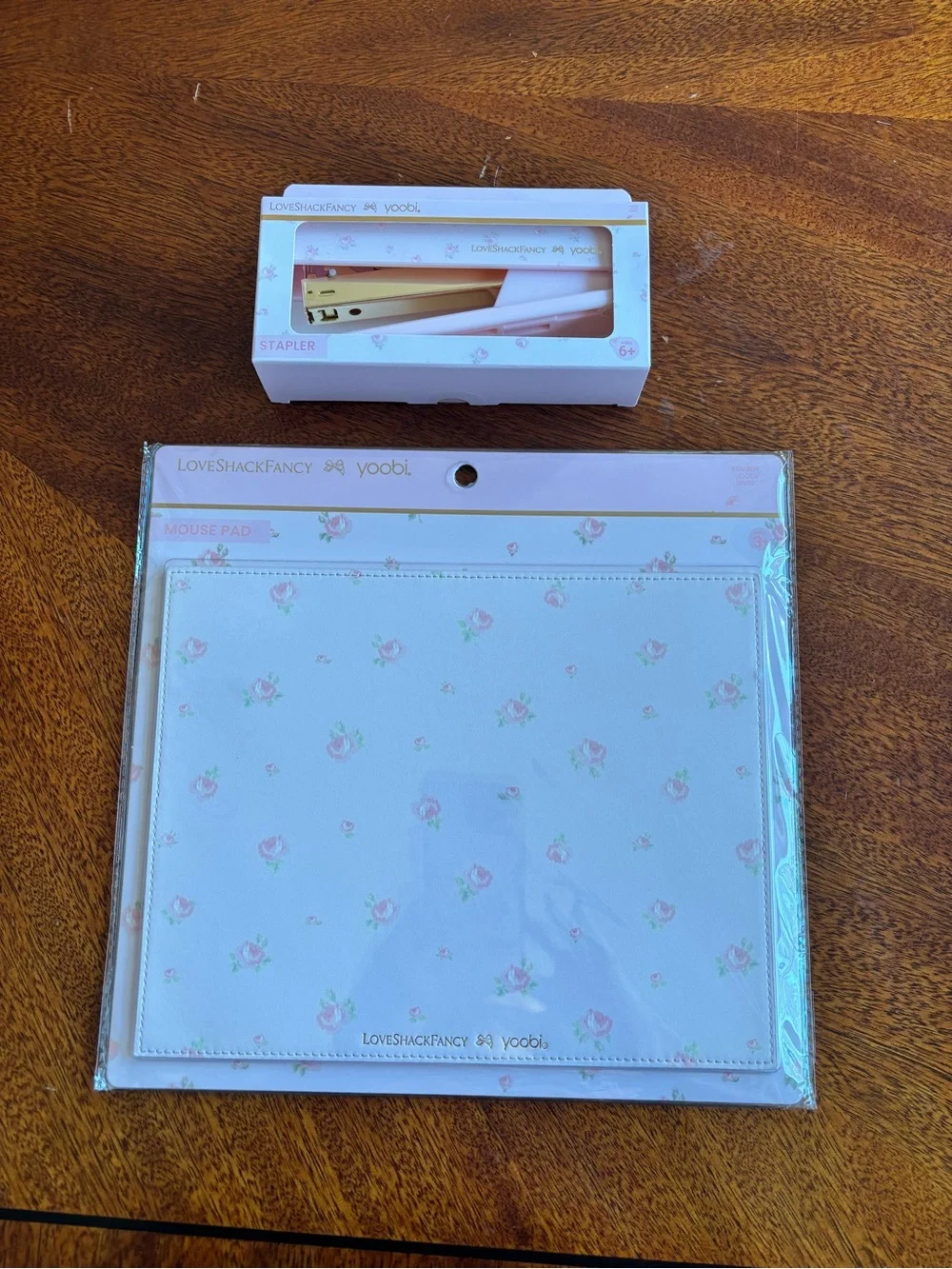 LoveShackFancy x Yoobi Floral Mouse Pad & Stapler Set - White with Pink Roses
